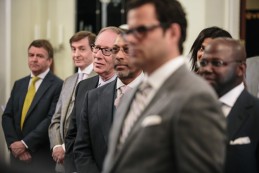 Event Party : SWASHINGTON, DC - MAY 14: Tailor Stephen Lachter, left center, tailor Andrew Ramroop, center right, and others attend Savile Row Bespoke and America at the British Ambassador's Residence on May 14, 2015 in Washington, DC. (Photo by Greg Kahn/Getty Images for The British Embassy)