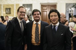 Event Party : WASHINGTON, DC - MAY 14: Nick Barrington-Wells (L), Lincoln Meyers (C) and Wei Koh attend Savile Row Bespoke and America at the British Ambassador's Residence on May 14, 2015 in Washington, DC. (Photo by Greg Kahn/Getty Images for The British Embassy)