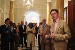 Event Party : WASHINGTON, DC - MAY 14: Nick Foulkes, (R) curator of the exhibition, gives a tour to attendees at Savile Row Bespoke and America at the British Ambassador's Residence on May 14, 2015 in Washington, DC. (Photo by Greg Kahn/Getty Images for The British Embassy)