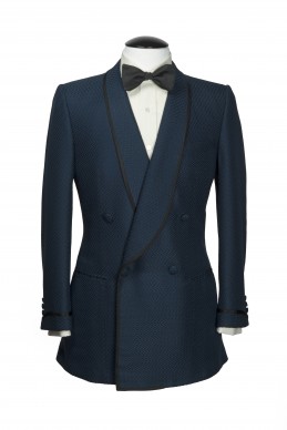 Clothing Shots : Savile Row and America- Huntsman- Leo Daly Petrol blue silk barleycorn jacket with  black edging