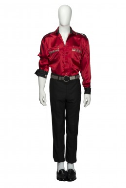 Clothing Shots : Savile Row and America - Maurice Sedwell - MJ shirt-Red heavy silk shirt with epaulettes  and crown decorations + black shiny pleated  trousers with wide upper